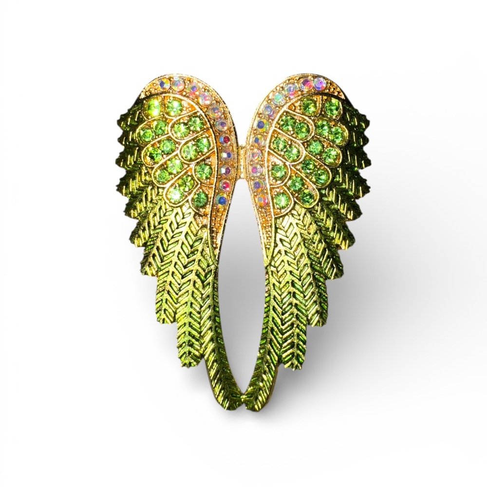 Elegant Winged Brooch with Green and Iridescent Rhinestones